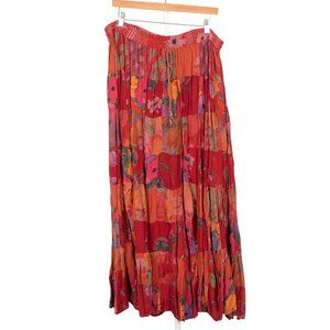 Bohemian Floral Patchwork Maxi Skirt Red Pink Drawstring Boho Hippie Indie Fairy